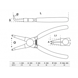 Pince pour circlips coudée pour circlips intérieurs  175 mm